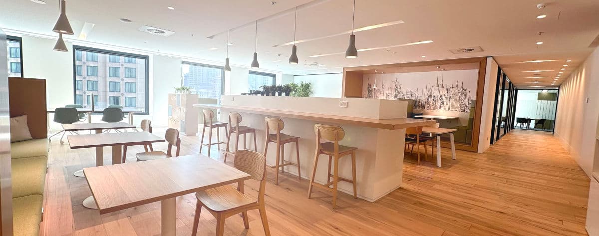 Kitchen and breakout space at the 40 City Road workspace, South Melbourne